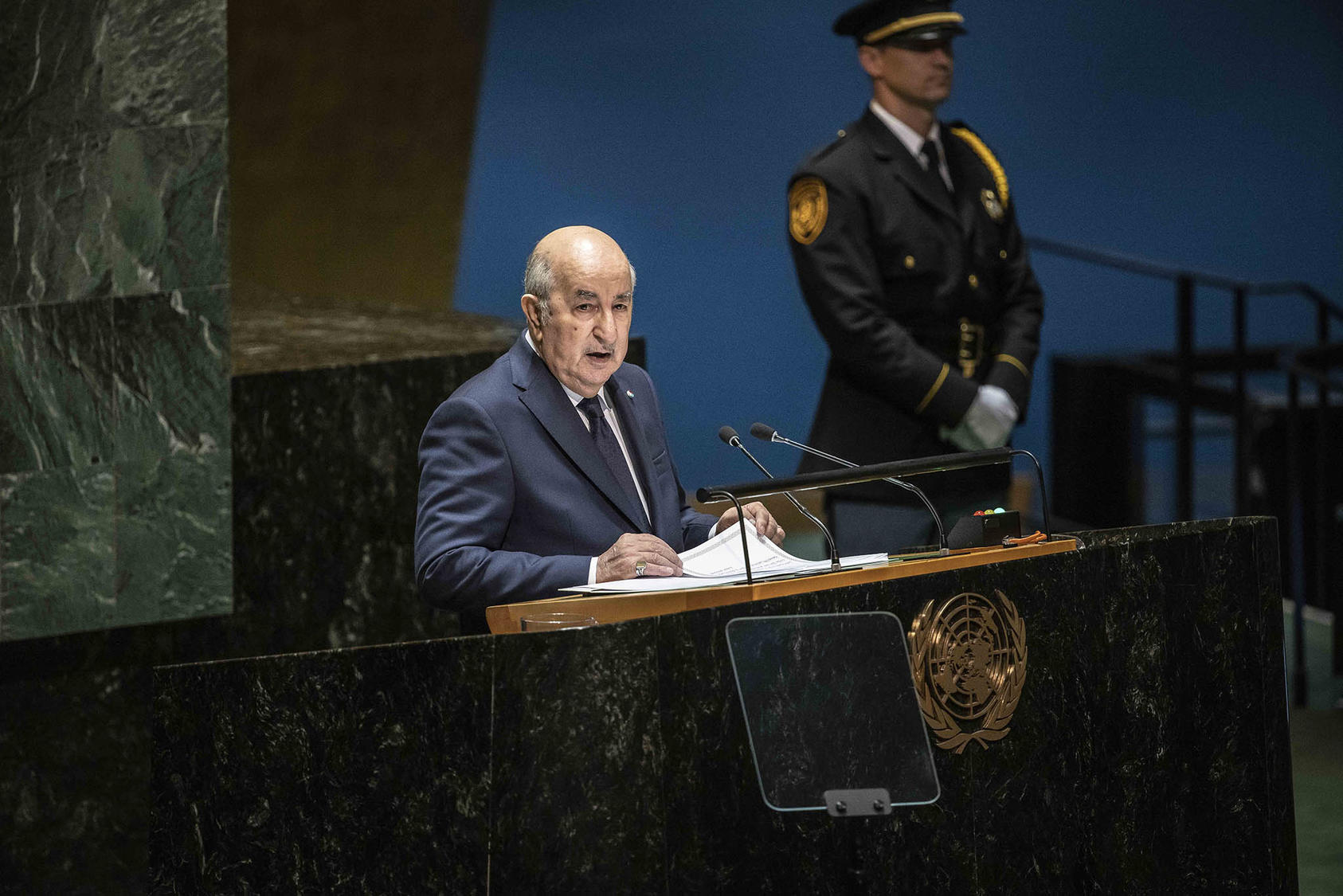 President Abdelmadjid Tebboune speaks at the United Nations last month. He announced this week that Algeria is ready to mediate in a return of Algeria’s neighbor, Niger, to constitutional rule following its July coup. (Dave Sanders/The New York Times)