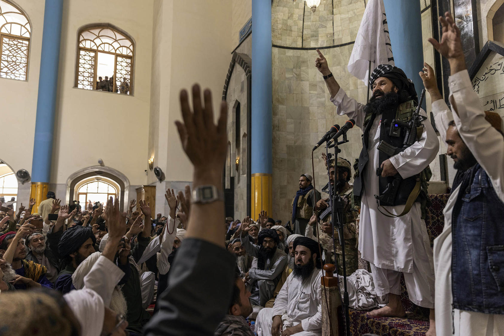 The Taliban’s acting minister of refugees, Khalil Haqqani, speaks in Kabul on Aug. 20, 2021. (Victor J. Blue/The New York Times)