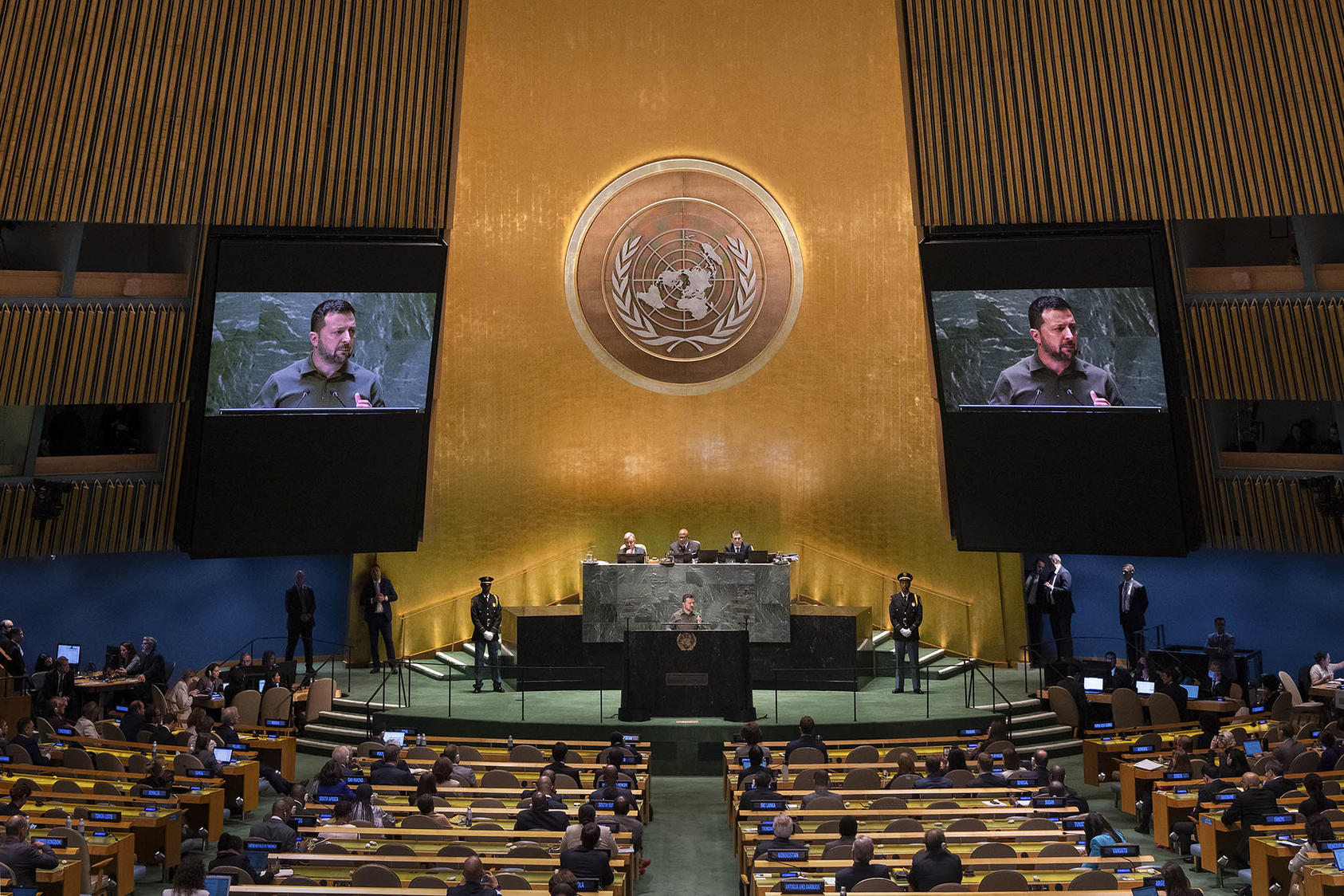 President Volodymyr Zelenskyy of Ukraine addresses the 78th session of the United Nations General Assembly, at the U.N. headquarters in Manhattan on Tuesday, Sept. 19, 2023. (Maansi Srivastava/The New York Times)