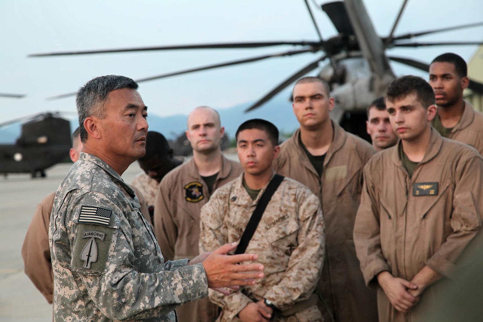 Then-Brigadier General Michael Nagata meets U.S. military crews flying aid to Pakistani regions stricken by floods in 2010. Nagata is one of USIP’s primary military advisors in its mission of reducing violent conflict abroad. (Staff Sgt. Horace Murray)