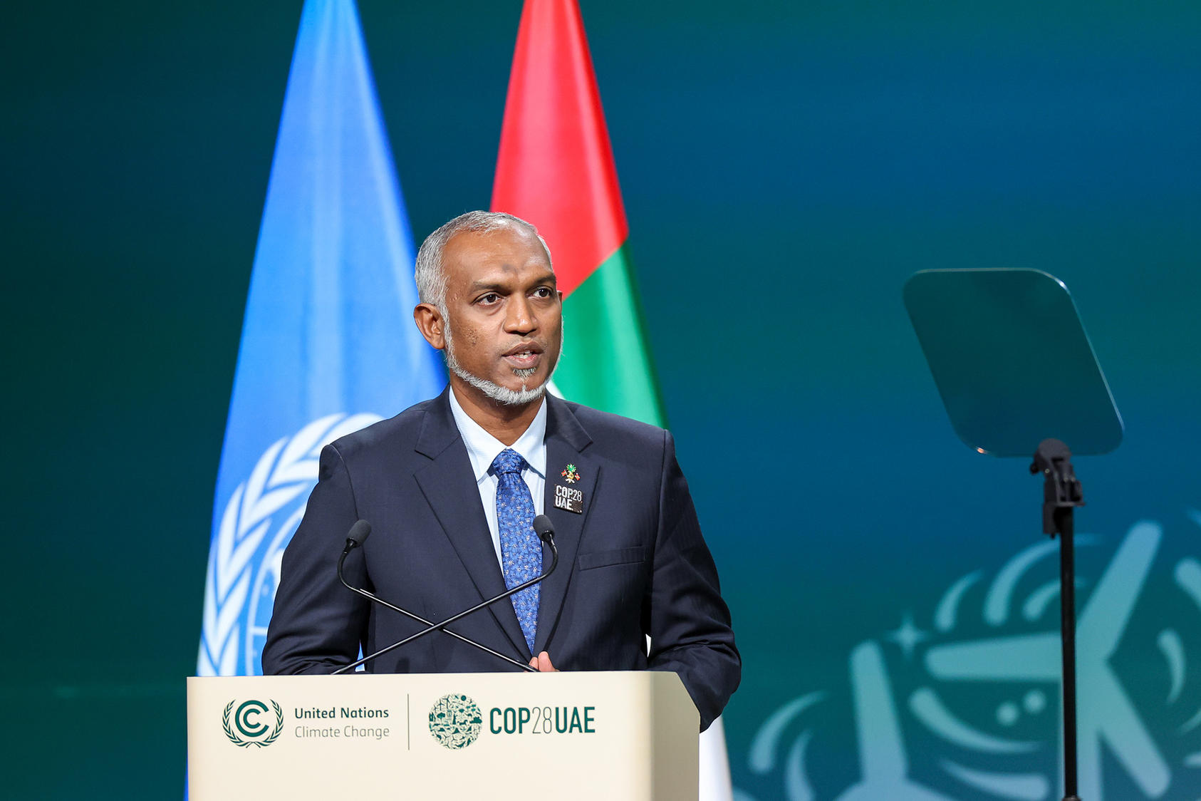 Mohamed Muizzu, president of Maldives, speaks at COP28 in Dubai, UAE. December 1, 2023. (Neville Hopwood/U.N. Climate Change)