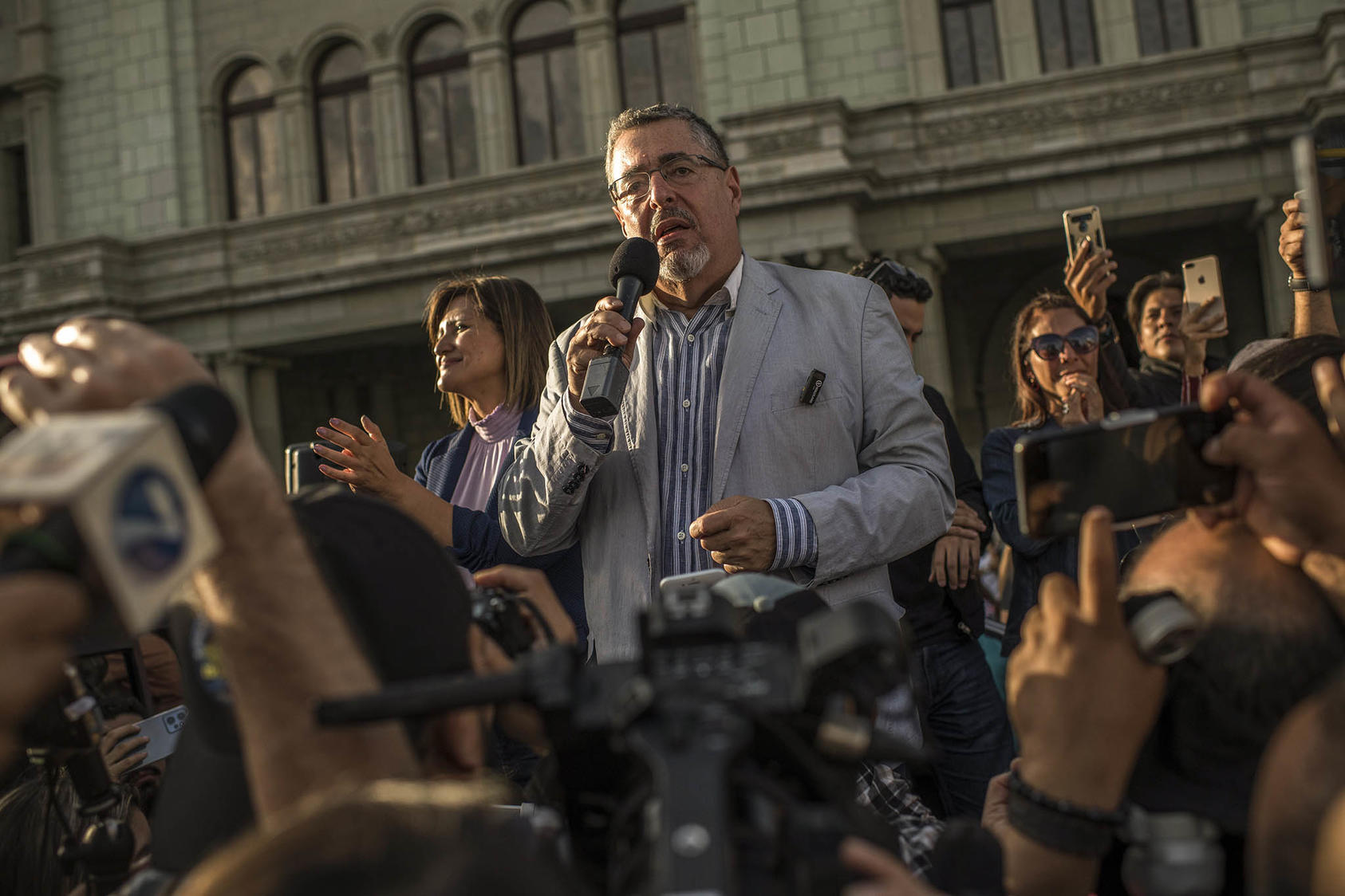 Then-candidate Bernardo Arévalo speaking during a rally in Guatemala City. July 26, 2023. (Daniele Volpe/The New York Times)