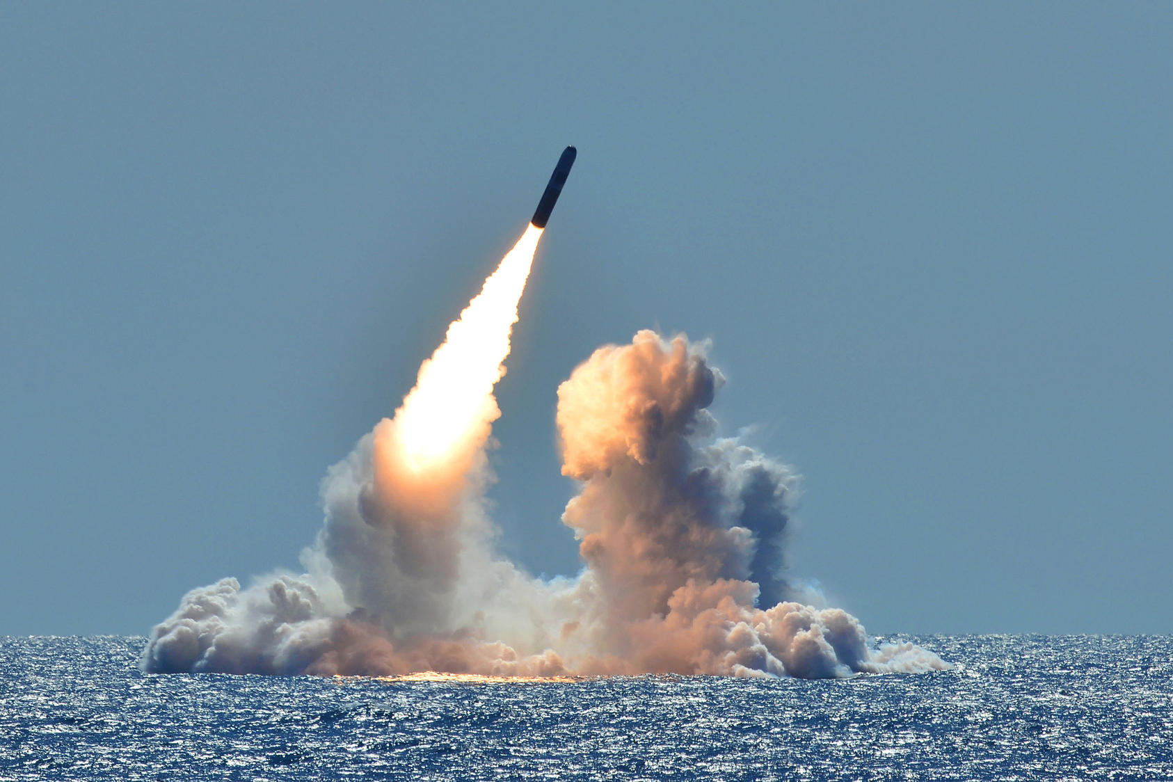 An unarmed Trident II D5 missile launches from the ballistic missile submarine USS Nebraska off the coast of California on March 26, 2018. (Navy Petty Officer 1st Class Ronald Gutridg/U.S. Department of Defense)