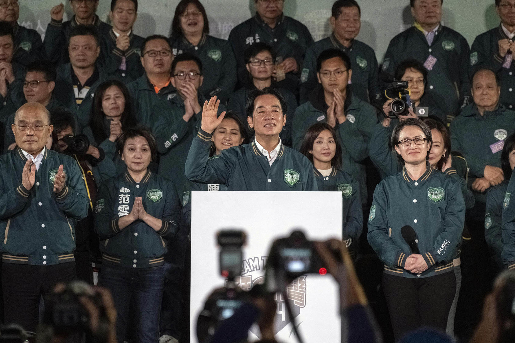 The Democratic Progressive Party’s Lai Ching-te, center, was elected the next president of Taiwan on January 13, 2024. Tensions over the island’s status are likely to strain U.S.-China relations. (Lam Yik Fei/The New York Times)