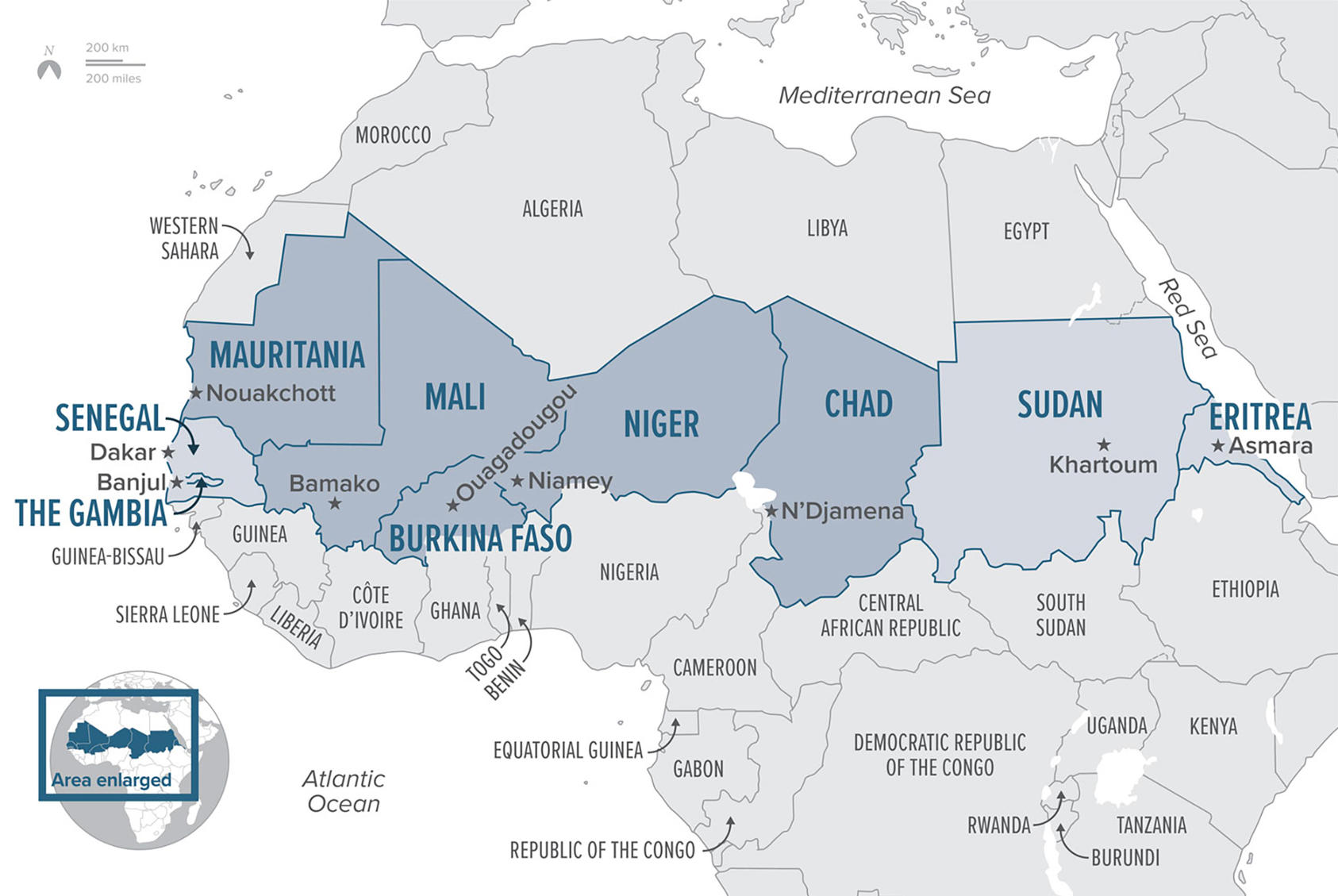 Map of the Sahel region (Source: Adapted from artwork by Rainer Lesniewski/Shutterstock)