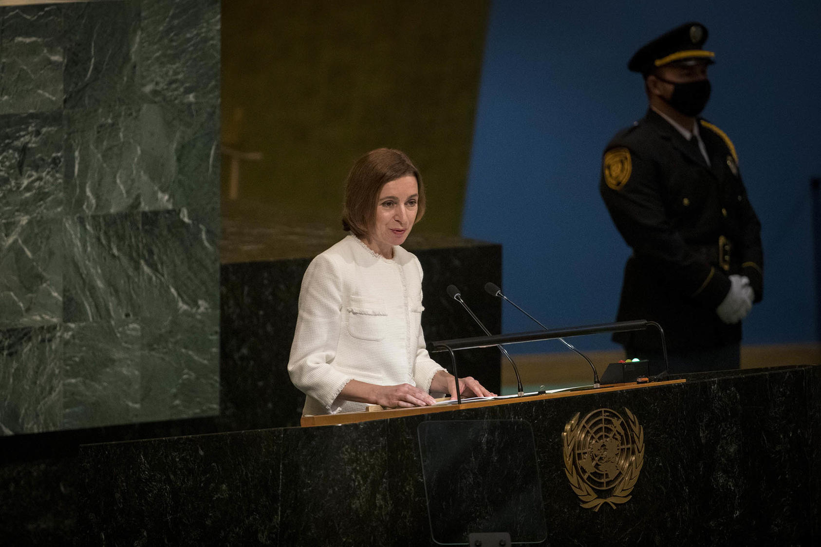 Moldovan President Maia Sandu speaks at the United Nations in 2022. Moldova faces Russian hybrid attacks on its effort under Sandu to join the European Union. That conflict will sharpen as she seeks reelection in 2024. (Dave Sanders/The New York Times)
