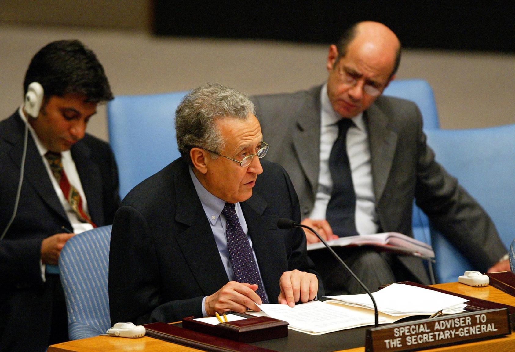 Special United Nations envoy to Baghdad, Ambassador Lakhdar Brahimi, addresses the United Nations Security Council at U.N. headquarters in New York. (Vincent Laforet/The New York Times)