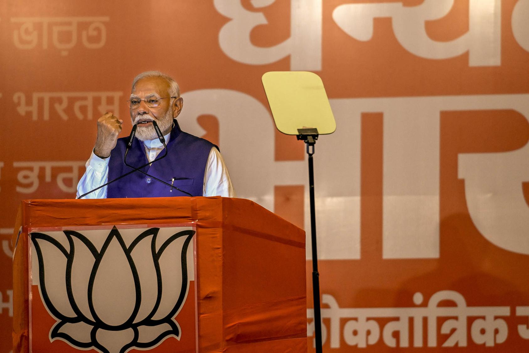 Prime Minister Narendra Modi delivers remarks to supporters at the Bharatiya Janata Party headquarters after the results of the general elections in New Delhi, India, June 4, 2024. (Atul Loke/The New York Times)