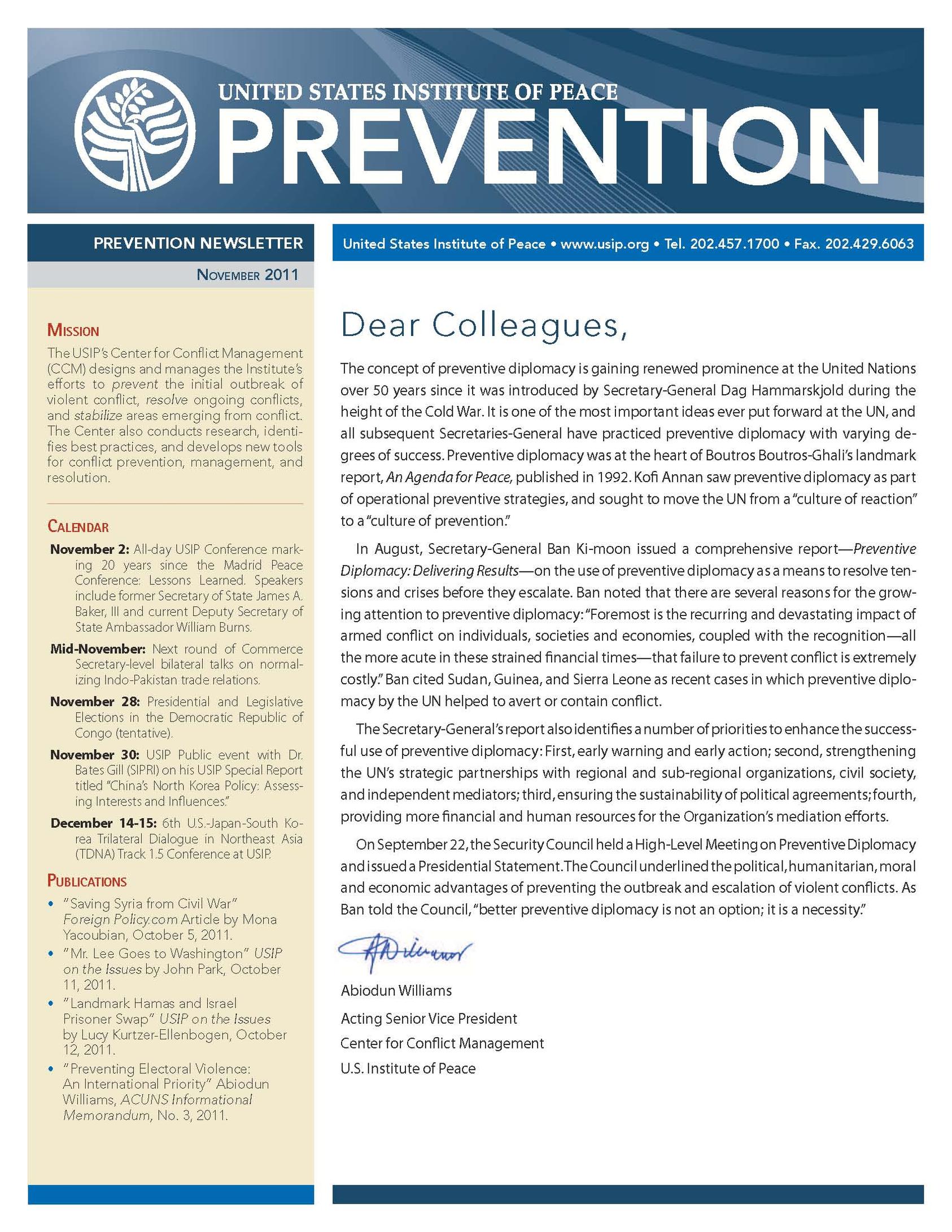 USIP Prevention Newsletter - November 2011