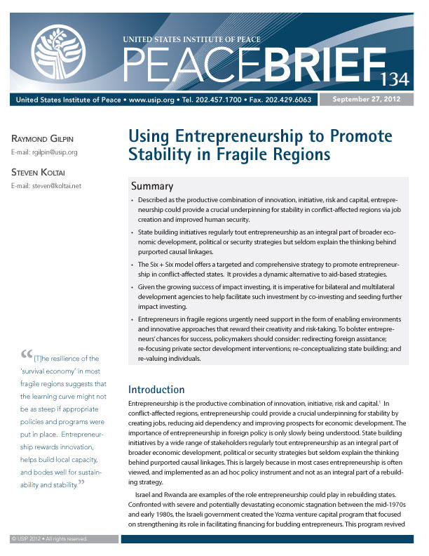 Peace Brief: Using Entrepreneurship to Promote Stability in Fragile Regions