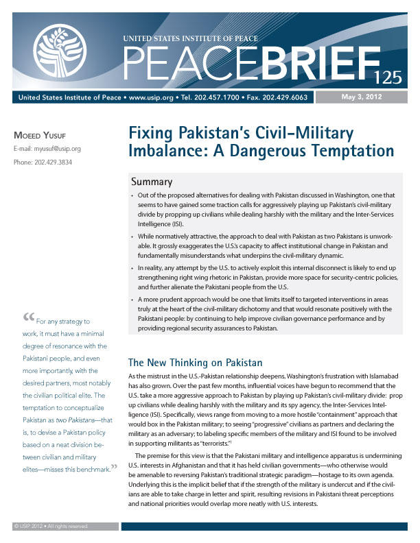 Peace Brief: Fixing Pakistan’s Civil-Military Imbalance: A Dangerous Temptation