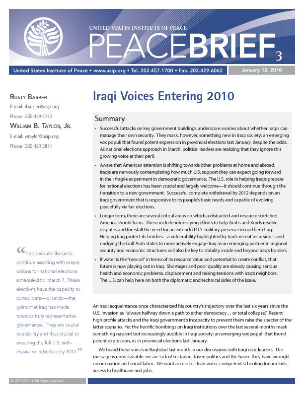 Peace Brief: Iraqi Voices Entering 2010