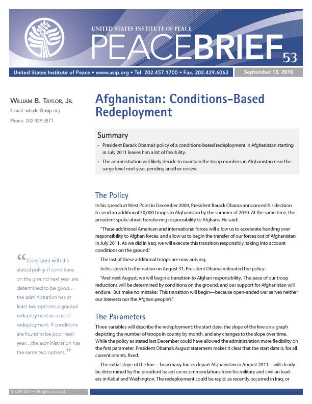 Peace Brief: Afghanistan: Conditions-Based Redeployment
