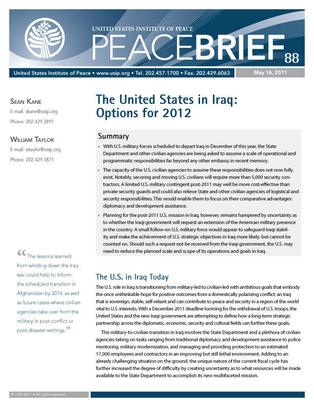 Peace Brief: The United States in Iraq: Options for 2012