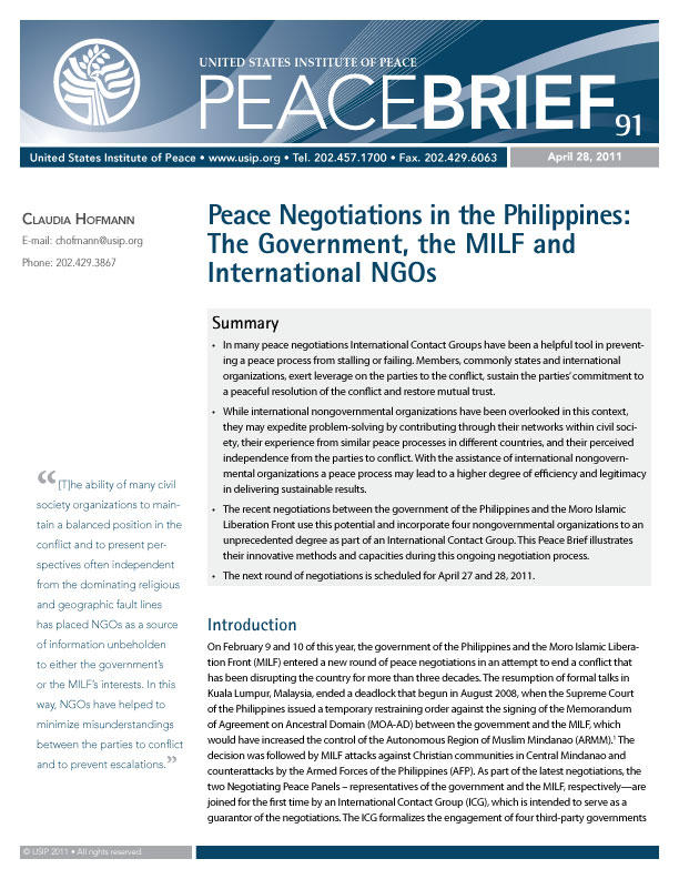Peace Brief: Peace Negotiations in the Philippines: The Government, the MILF and International NGOs