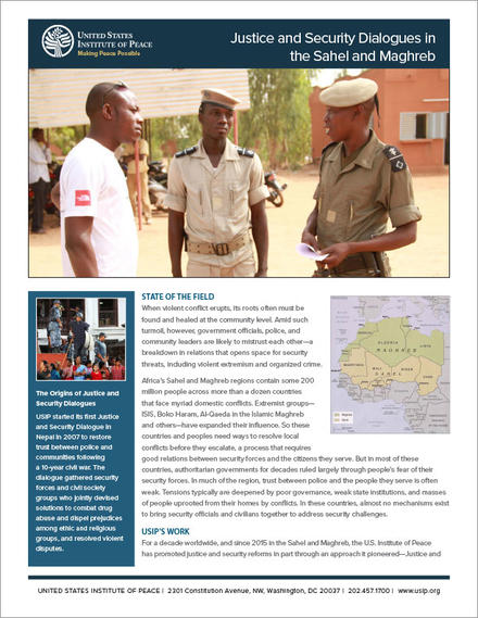 Justice and Security Dialogues in  the Sahel and Maghreb fact sheet cover