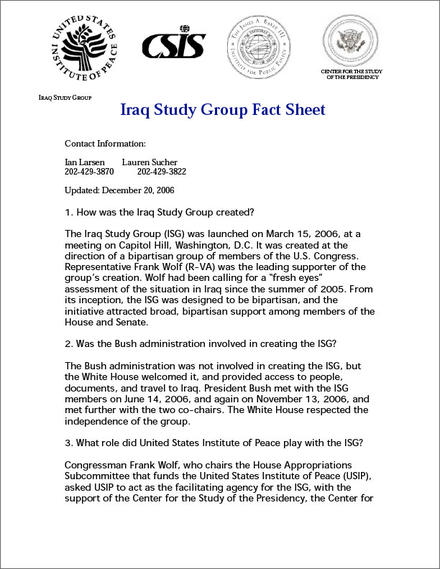 Iraq Study Group Fact sheet-coverI
