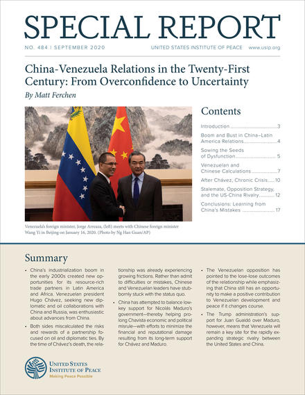 SR 484 Report Cover Featuring image: Venezuela’s foreign minister, Jorge Arreaza, (left) meets with Chinese foreign minister Wang Yi in Beijing on January 16, 2020. (Ng Han Guan/AP)