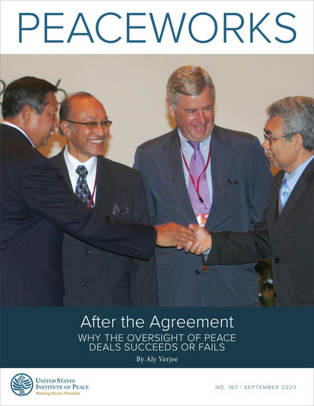 After the Agreement: Why the Oversight of Peace Deals Succeeds or Fails Cover-Indonesian president Susilo Bambang Yudhoyono (left) greets former Aceh rebel leaders with the head of Aceh Monitoring Mission, Pieter Feith (second from right), during an August 14, 2006 conference. (Dita Alangkara/AP)