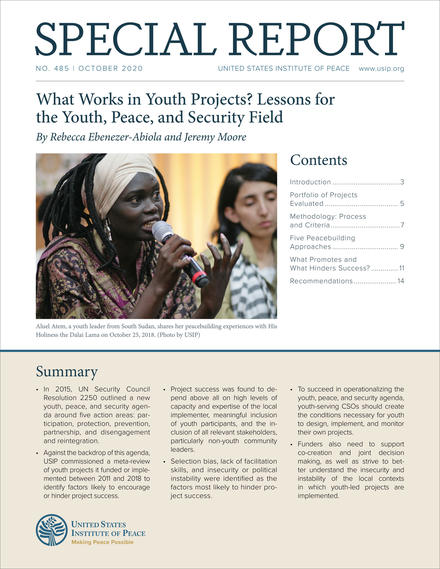 SR 485 Cover: Aluel Atem, a youth leader from South Sudan, shares her peacebuilding experiences with His Holiness the Dalai Lama on October 25, 2018.
