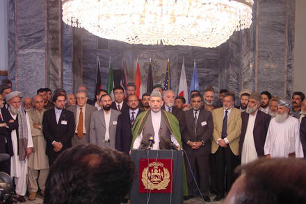 President Hamid Karzai speaks at an international security sector reform conference, 2003. (Jason Howk)