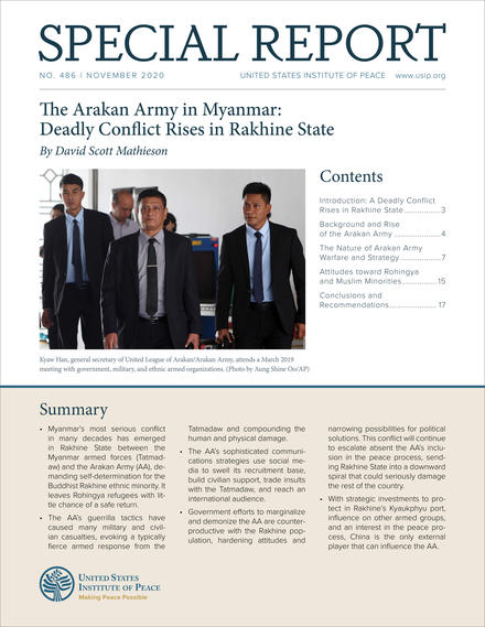 SR 486 Cover Kyaw Han, general secretary of United League of Arakan/Arakan Army, attends a March 2019 meeting with government, military, and ethnic armed organizations. (Aung Shine Oo/AP)