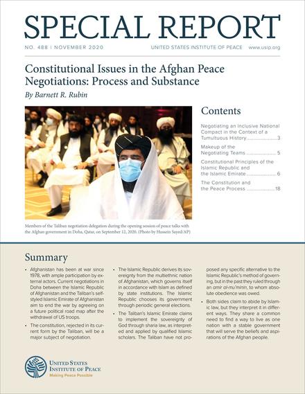 SR 488 cover, featuring Members of the Taliban negotiation delegation during the opening session of peace talks with the Afghan government in Doha, Qatar, on September 12, 2020. (Hussein Sayed/AP)