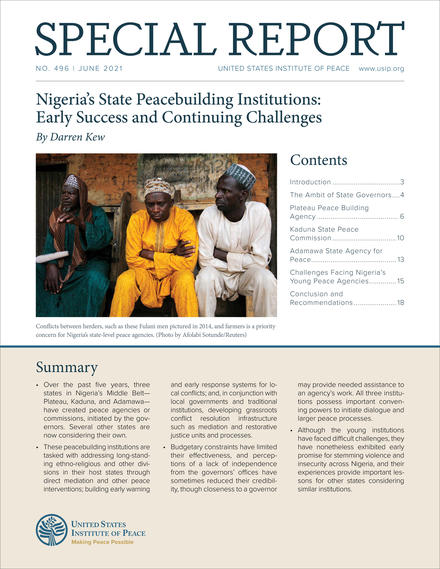 Cover of Special Report 496 Nigeria's State Peacebuilding Institutions Early Success and Continuing Challenges