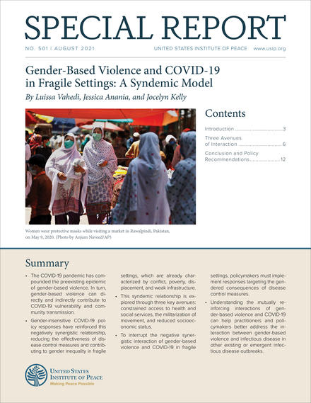 Cover of SR 501 Gender Based Violence and COVID-19 in Fragile Settings: A Syndemic Model