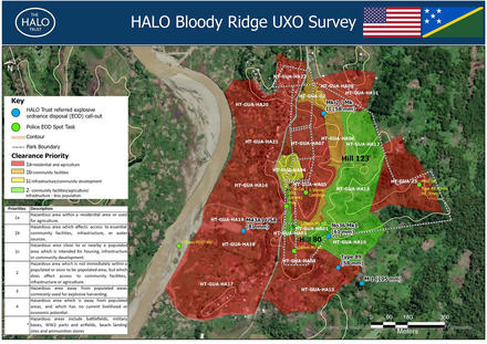 Map of Bloody Ridge area, also known as Edson’s Ridge or “the Centipede.” The area is being developed and numerous informal settlements are located on and adjacent to Bloody Ridge. (Courtesy of HALO Trust)