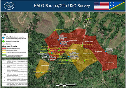 Map of the Gifu and Barana. Villagers collect WWII relics like hand grenades from the former Japanese stronghold. HALO’s teams generate survey reports (polygons) based on police and accident reports. (Courtesy of HALO Trust)