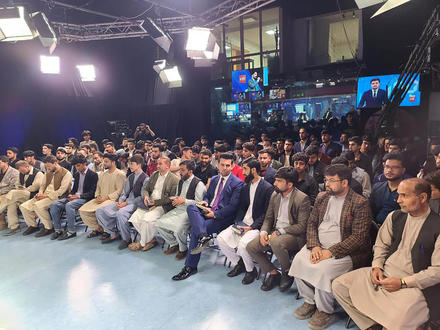 Tolo TV observes World Press Freedom Day with a talk show on Afghan media’s challenges, with active participation from an in-studio audience. (Tolo News)