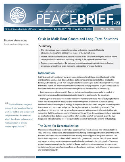 Peace Brief: Crisis in Mali: Root Causes and Long-Term Solutions