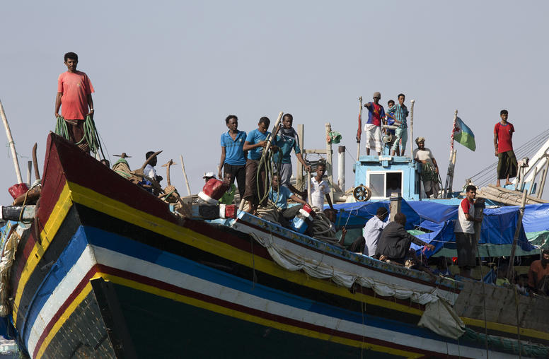 Refugees fleeing the war in Yemen arrive at the port in Djibouti after crossing a narrow strait in the Red Sea, April 20, 2015. (Tyler Hicks/The New York Times)