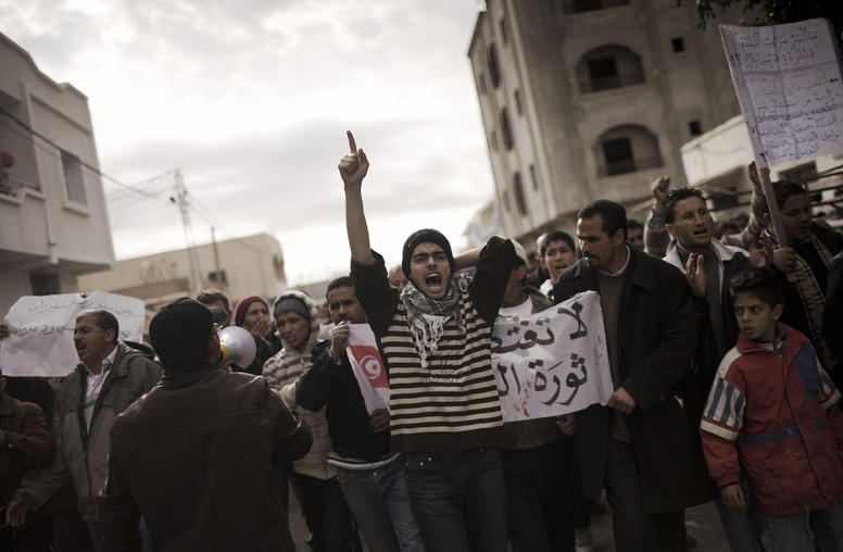 Protesters chant slogans against the political party of ousted President Zine el-Abedine Ben Ali in Sidi Bouzid, Tunisia, on Jan. 21, 2011. (Moises Saman/The New York Times)