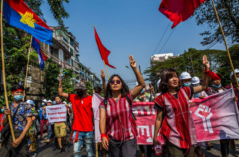 A rally to protest the recent military coup, in Yangon, Myanmar, Feb. 6, 2021. Despite the danger, women have been at the forefront of the protest movement, rebuking the generals who ousted a female civilian leader. (The New York Times)