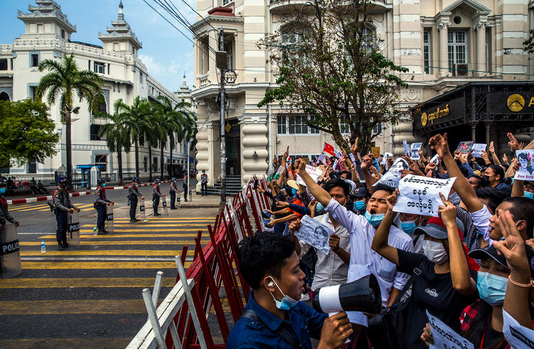 Protesters demonstrate after the military regime took power through a coup in Yangon Myanmar, Feb. 8, 2021. (The New York Times)