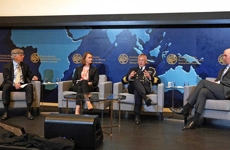 Panel, l to r - Amb. William Taylor, Vice President, USIP, Marta Kaleniuk, Senior Defense Analyst, RAND, Admiral Jonas Wikstrom, Swedish Armed Forces; Swedish Defense Attache to the United States, Jordan Andrews, State Department Fellow, USIP