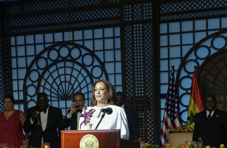 Vice President Kamala Harris speaks at a state banquet during her visit to Ghana. She underscored U.S. support for Ghana’s democracy and for stability in West Africa, which is facing violent insurgencies in the Sahel. (Jessica Sarkodie/The New York Times)