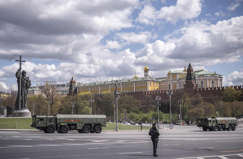 Iskander-M missile systems outside the Kremlin in Moscow during a rehearsal for the Victory Day military parade, May 7, 2021. (Sergey Ponomarev/The New York Times)