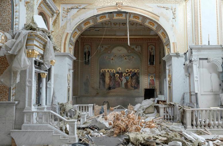 Damage to the Transfiguration Cathedral in Odesa, Ukraine, caused by a Russian missile attack, on July 24, 2023. (Emile Ducke/The New York Times)