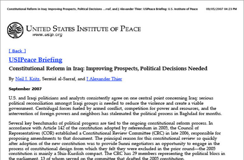 Constitutional Reform in Iraq: Improving Prospects, Political Decisions Needed