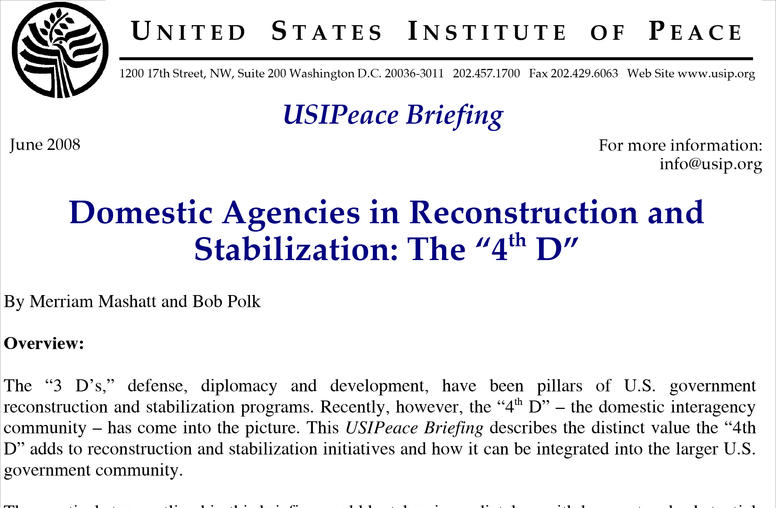 Domestic Agencies in Reconstruction and Stabilization: The "4th D"