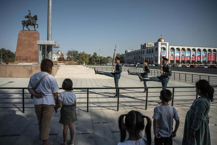Visitors watch at the World War II memorial in central Bishkek, Kyrgyzstan, Sept. 26, 2022. With Russia distracted in Ukraine, Central Asian leaders are looking for a reliable partner to help ensure domestic stability. (Sergey Ponomarev/The New York Times