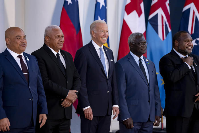 President Joe Biden poses for a photo with Pacific Island leaders at the White House during the first U.S.-Pacific Islands Summit. September 29, 2022. (Erin Scott/Official White House Photo)