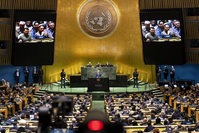 Screens show Ukrainian President Zelenskyy as President Biden speaks at the U.N. General Assembly, Sept. 19, 2023. Biden was the only head of state from a permanent member of the U.N. Security Council to speak at the UNGA. (Doug Mills/The New York Times)