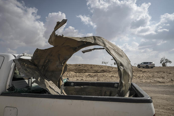 Pieces of an Iranian missile in a pickup truck outside Arad, Israel, on Sunday, April 14, 2024. (Sergey Ponomarev/The New York Times)