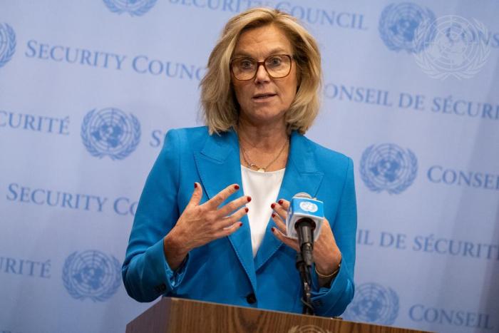 Sigrid Kaag, Senior Humanitarian and Reconstruction Coordinator for Gaza, briefs reporters after closed Security Council consultations on the situation in Gaza. (UN Photo)